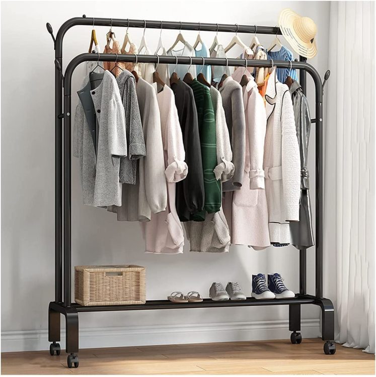 Metal Frame Coat Stand with Double Clothes Rail and 360° Wheel for ...
