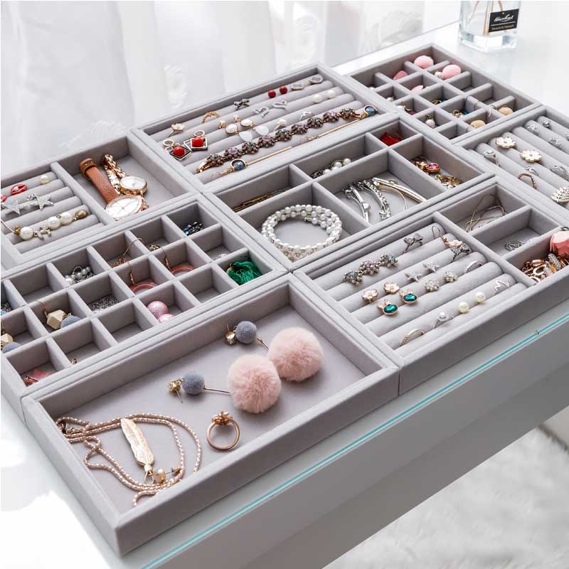 Handmade DIY Jewelry Box Drawer Storage Organizer Gray Soft Velvet Jewellery Earring Necklace Pendant Bracelet Tray 1