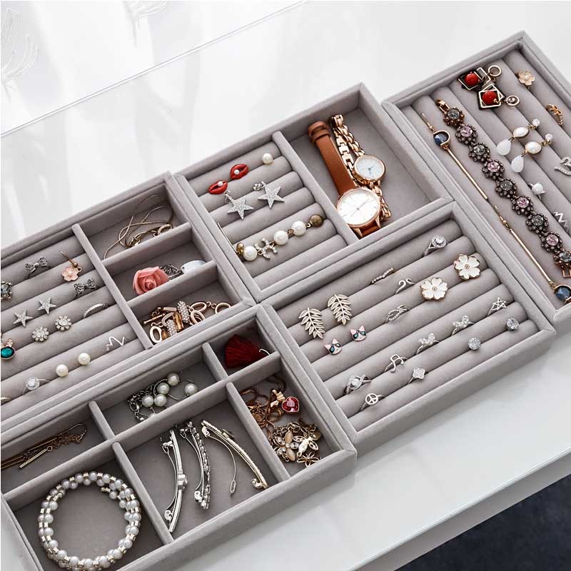 Handmade DIY Jewelry Box Drawer Storage Organizer Gray Soft Velvet Jewellery Earring Necklace Pendant Bracelet Tray 2
