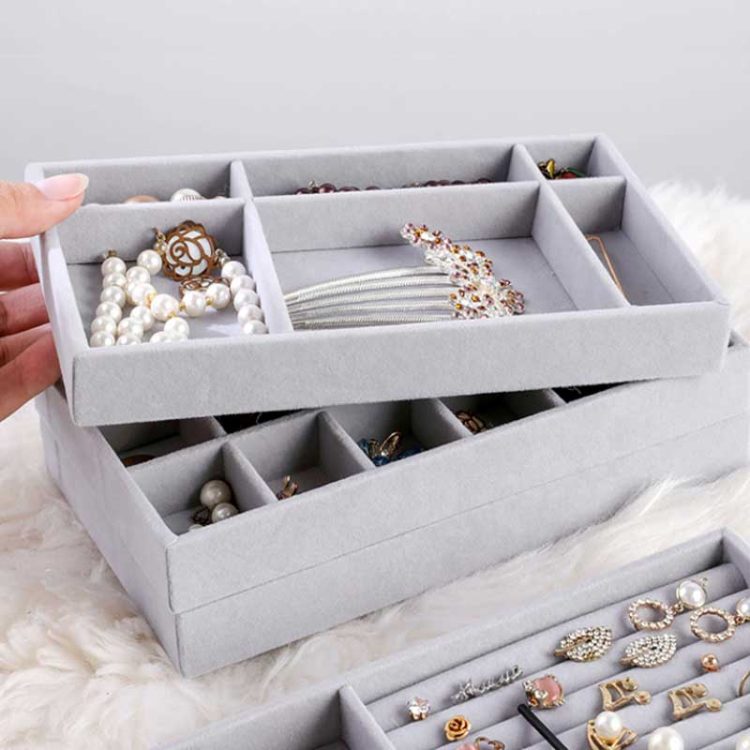 Handmade DIY Jewelry Box Drawer Storage Organizer Gray Soft Velvet Jewellery Earring Necklace Pendant Bracelet Tray 5