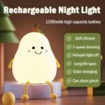Night Light Cute Pear LED Nursery Nightlight Lamp, Tap Control Squishy Silicone, USB Rechargeable Bedside Lamp for Bedroom, Warm White & 7 Colors, Festival,Christmas Gift for Kids - Image 5