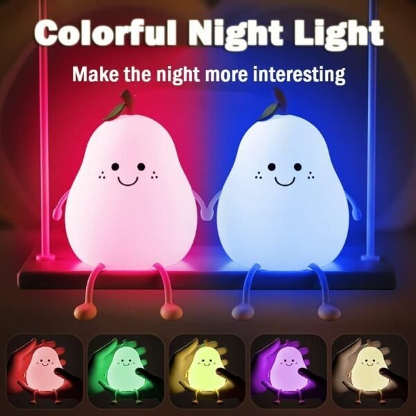 Night Light Cute Pear LED Nursery Nightlight Lamp, Tap Control Squishy Silicone, USB Rechargeable Bedside Lamp for Bedroom, Warm White & 7 Colors, Festival,Christmas Gift for Kids