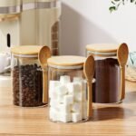 Glass Jars with Bamboo Lid and Spoon, Bamboo Lid Storage Jar Containers for Coffee Beans, Spice, Brown Sugar, Tea, Flour, Nuts, Candy, Salts and More