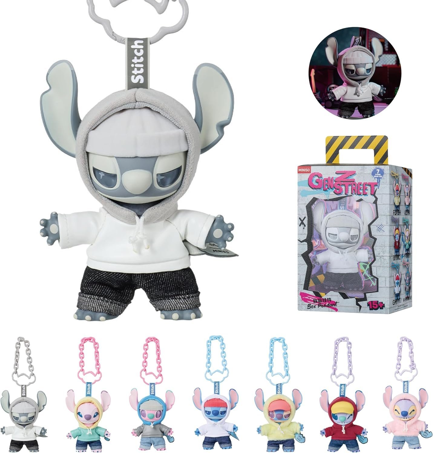 81Pm9CqhufL._AC_SL1500_.jpg MINISO Disney Stitch GenZ Street Collection Vinyl Plush Pendant Surprise Box Figure Model Random Design Blind Box Toy Collectible Toy for Home Decor Birthday Gifts (Random One Figure) - Image 1