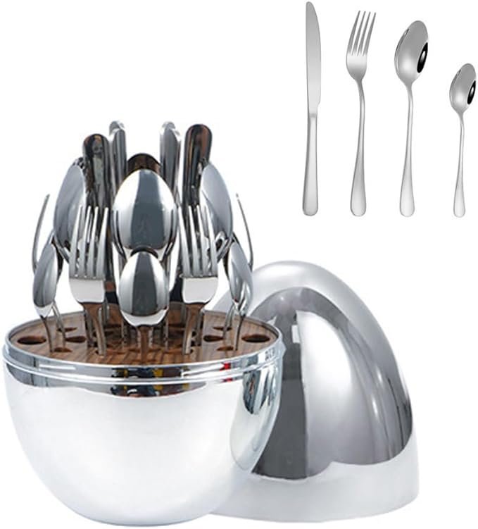 514lbKw-HEL._AC_SX679.jpg Fork Knife Spoon Set with Egg-Shaped Tableware Storage Box Premium Stainless Steel 24 pcs ( Silver) - Image 1