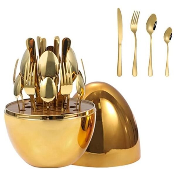 Fork Knife Spoon Set with Egg-Shaped Tableware Storage Box Premium Stainless Steel 24 pcs ( Gold)
