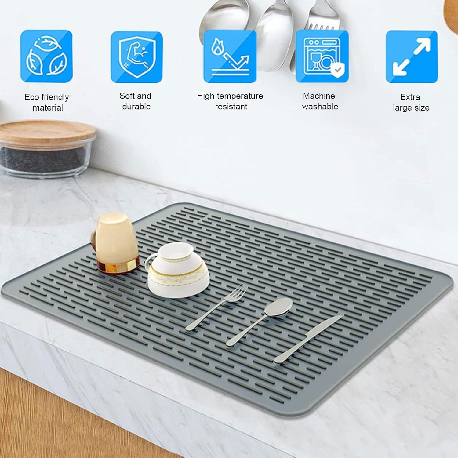 71YwqQ7YnUL._AC_SL1500_.jpg Silicone Dish Drying Mat - Non-Slip Silicone Mat Easy Clean Drying Mat Large Heat-Resistant Dish Drainer Mat for Kitchen Counter, Sink, Refrigerator or Drawer Liner - Image 1