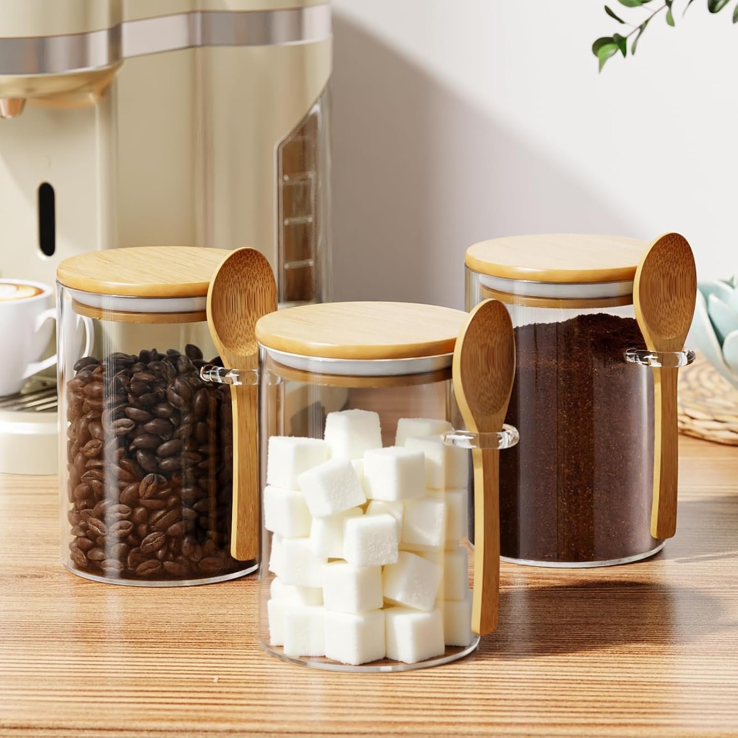 71qjE1H7EJL._AC_SL1500_.jpg Glass Jars with Bamboo Lid and Spoon, Bamboo Lid Storage Jar Containers for Coffee Beans, Spice, Brown Sugar, Tea, Flour, Nuts, Candy, Salts and More - Image 1