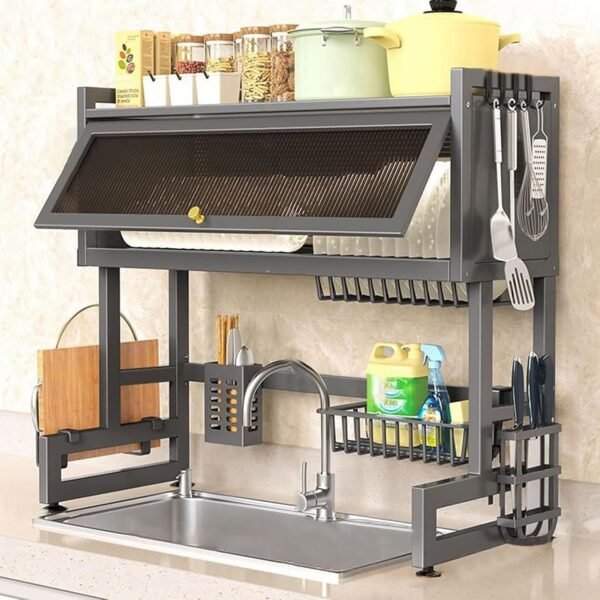 Mugath Over The Sink Dish Drainer Drying Rack, (85 Cm) 2 Tier Adjustable Height Large Dish Racks with Cover Over The Counter Metal Dish Drying Rack for Kitchen Sink Shelf (Cabinet Dish Rack)